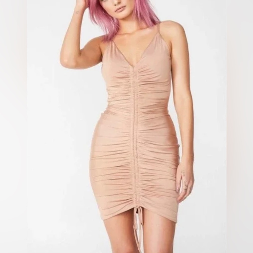 Tiger Mist Sasha Ruched Drawstring Mini Dress - Nude